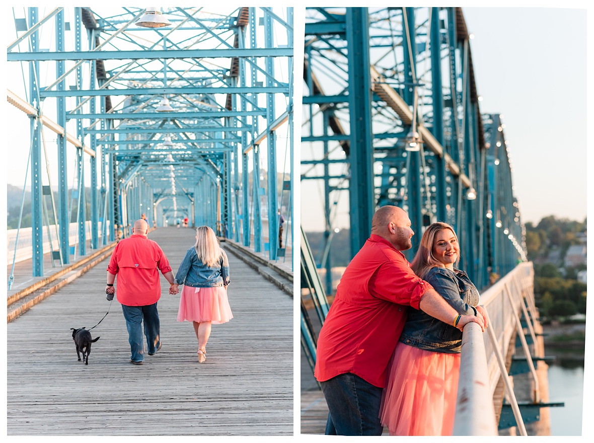 couple walks dog on walnut street bridge