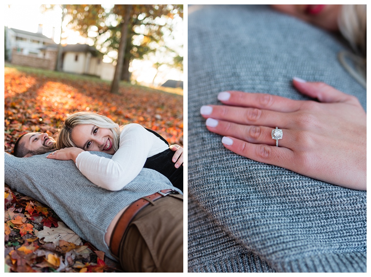engaged couple cuddles for photos