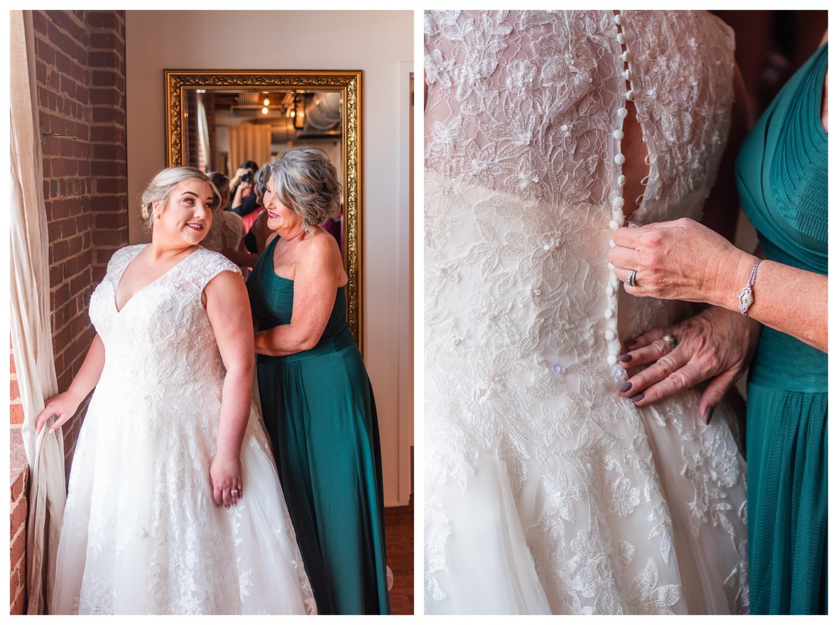 Mom helps bride put her dress on