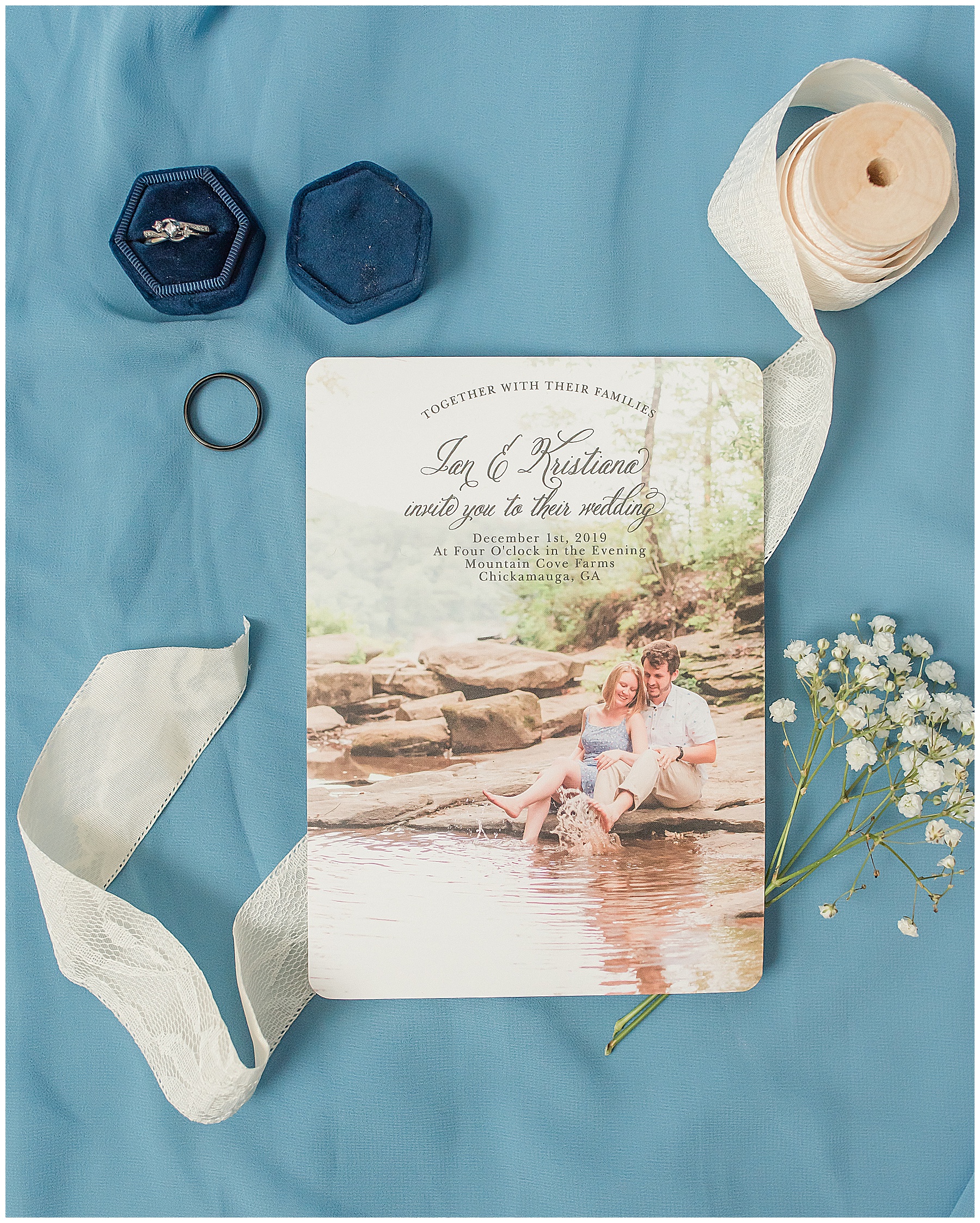 baby blue and white wedding invitation