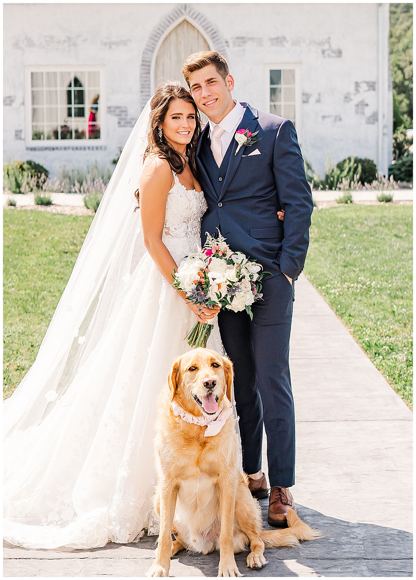 Bride and Groom with Dog Howe Farms Wedding