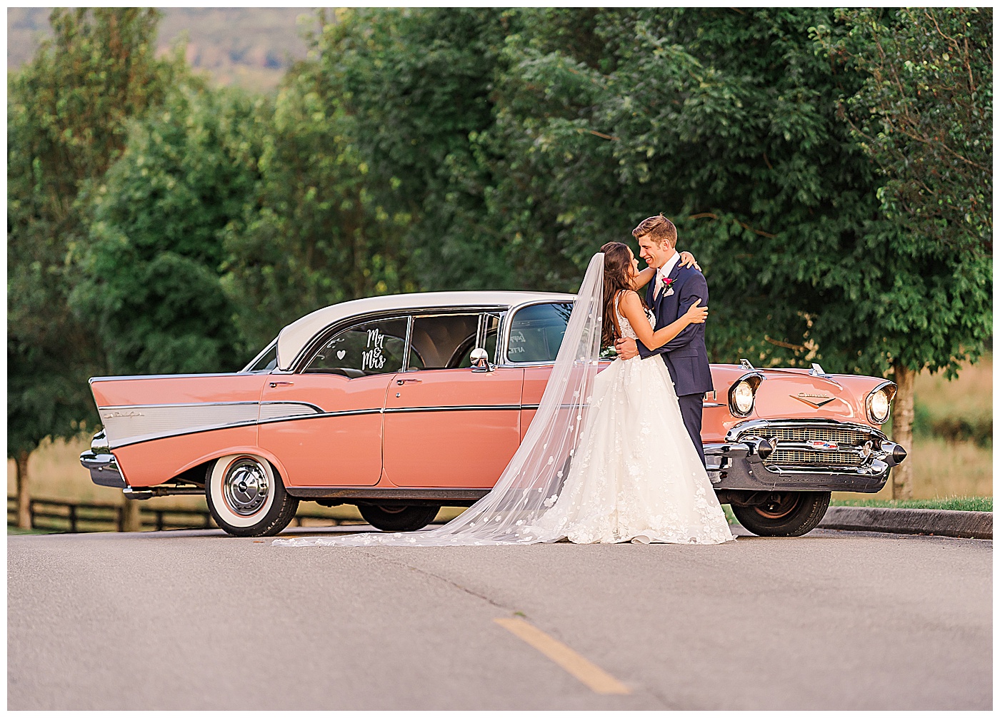 Howe Farms Wedding Couple Antique Car