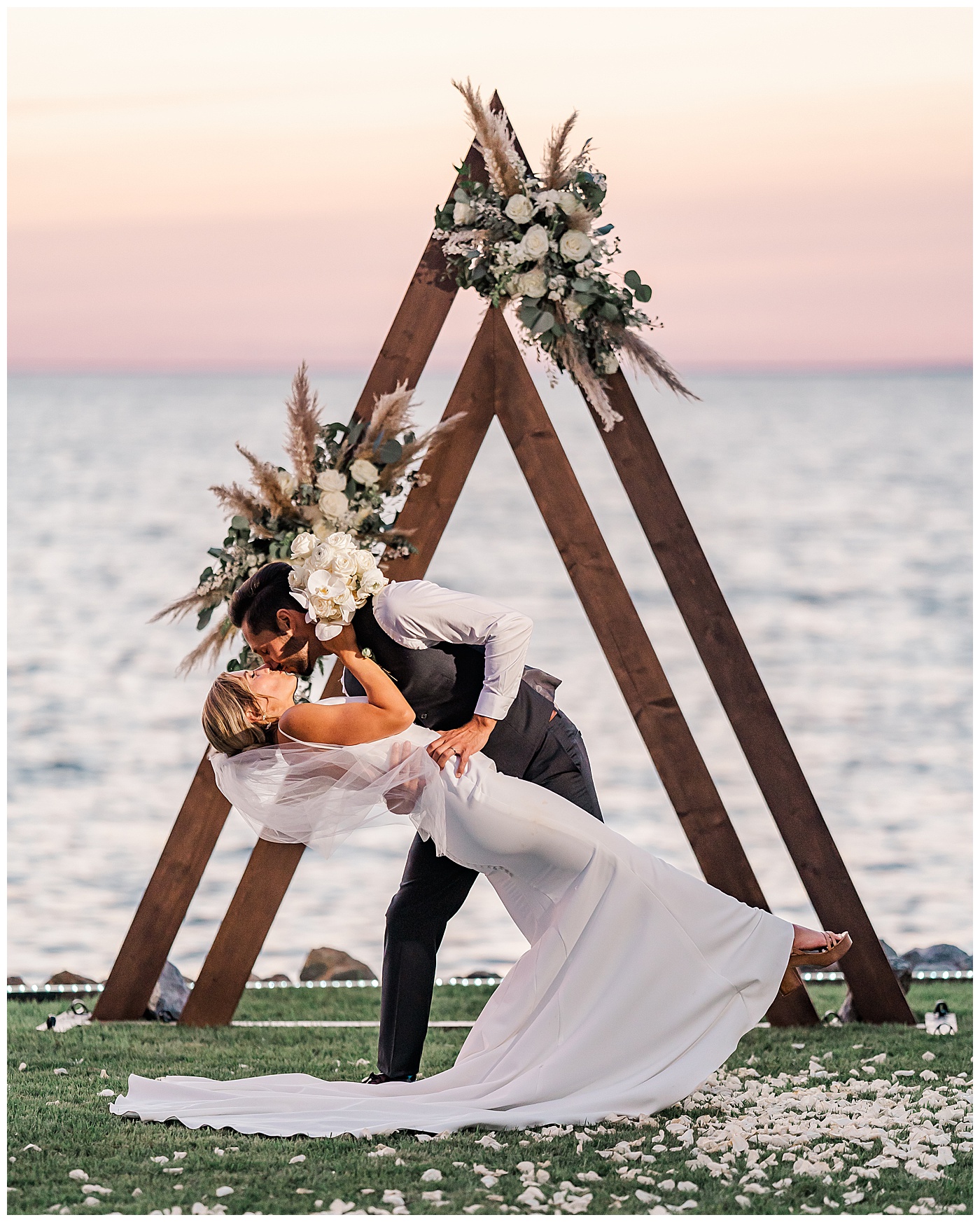 Florida Wedding Bride and Groom Kiss Sunset
