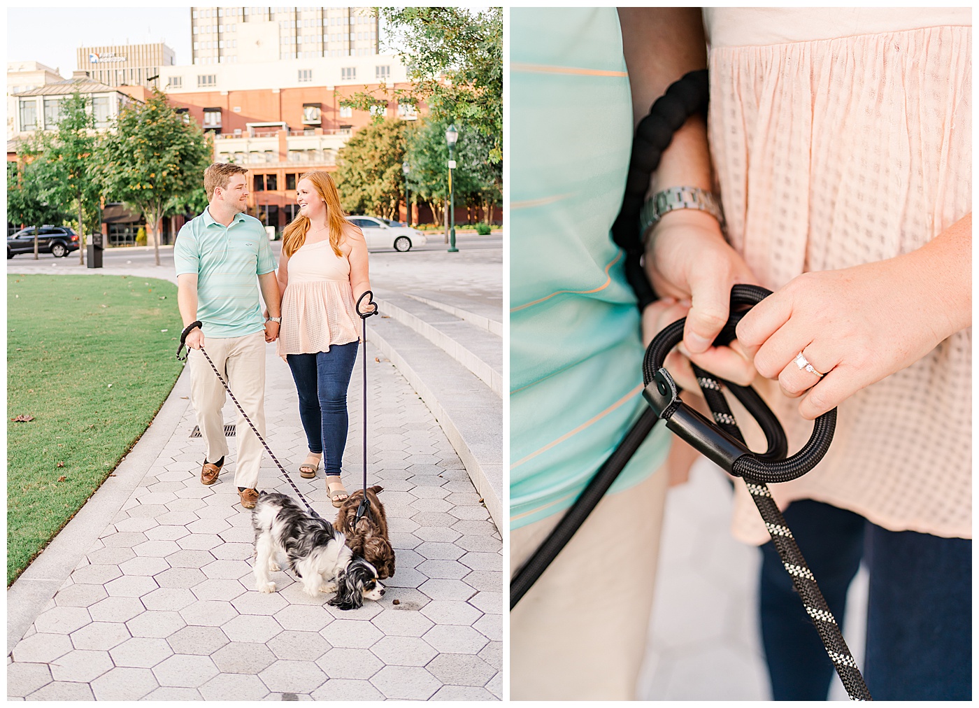 Downtown Chattanooga Engagement Couple Walking with Dogs