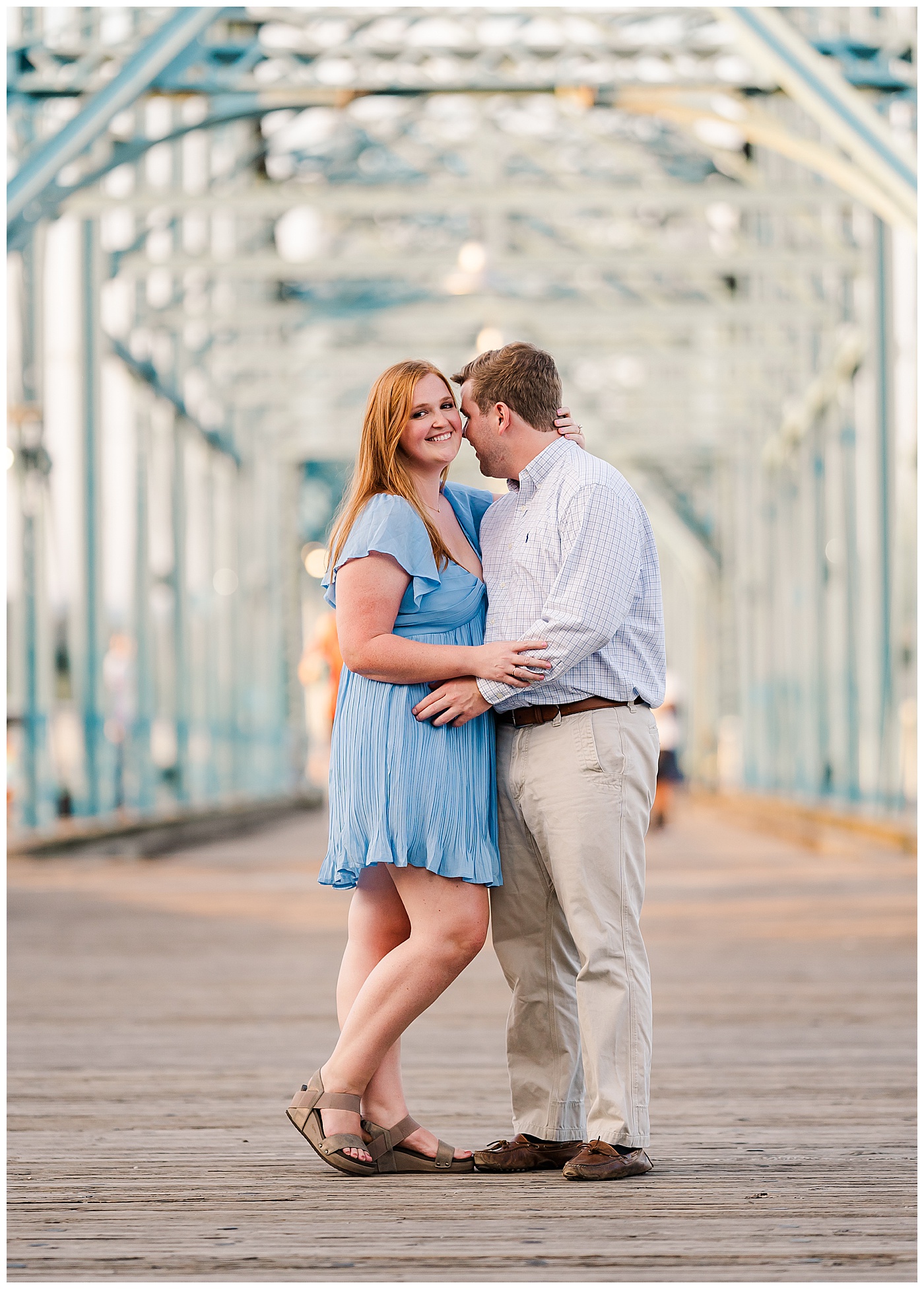 Downtown Chattanooga Engagement Couple Walking Bridge