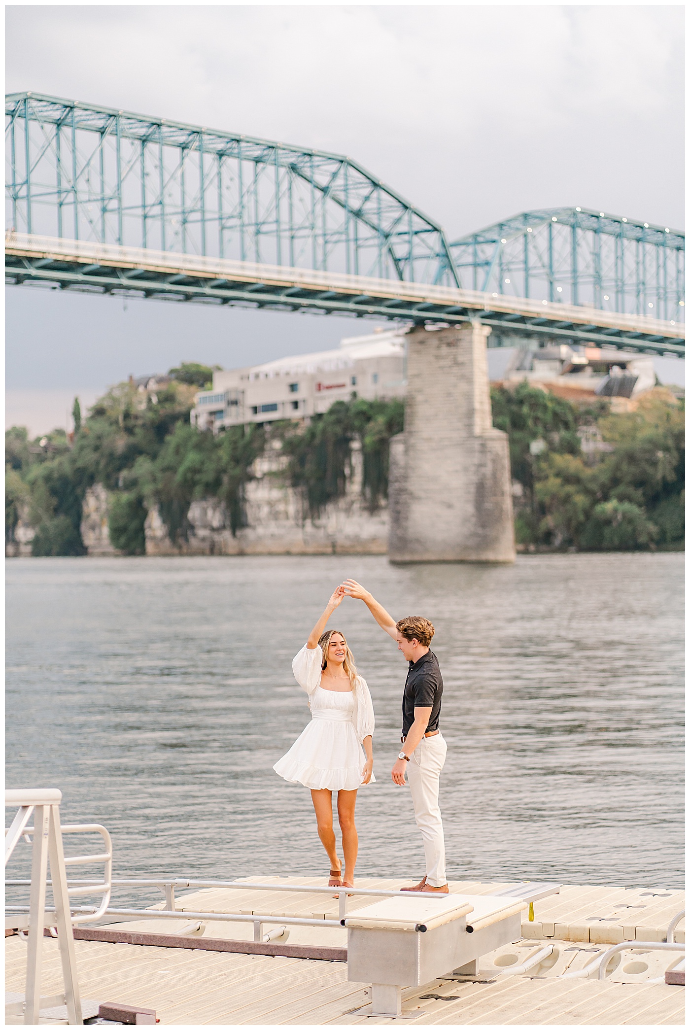 Downtown Chattanooga TN River Engagement Photos Couple Dancing