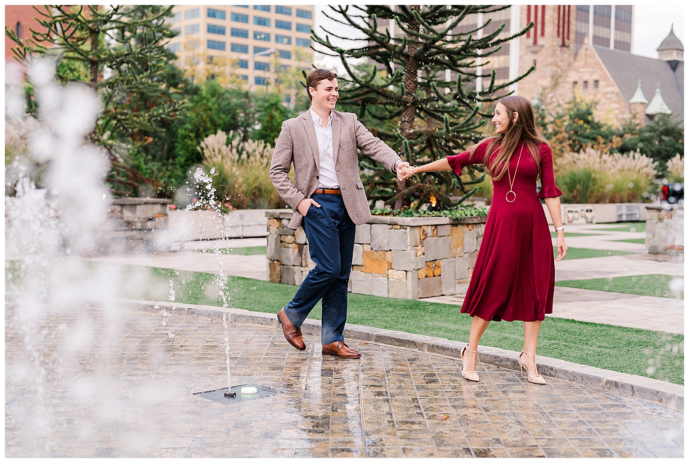 Downtown Chattanooga Engagement Fountains Couple Hand in Hand