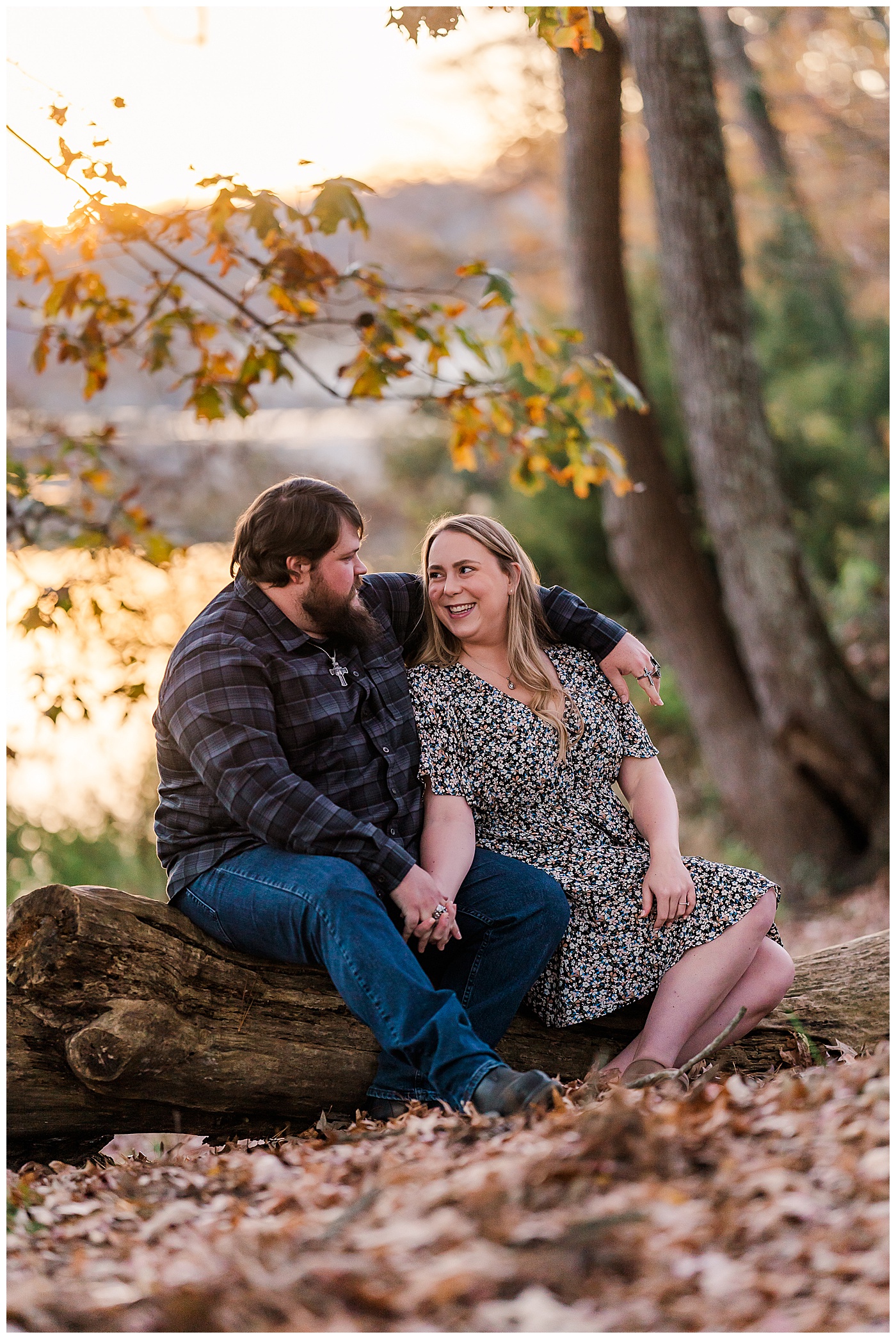 Fall Engagement Couple Sitting on a Log