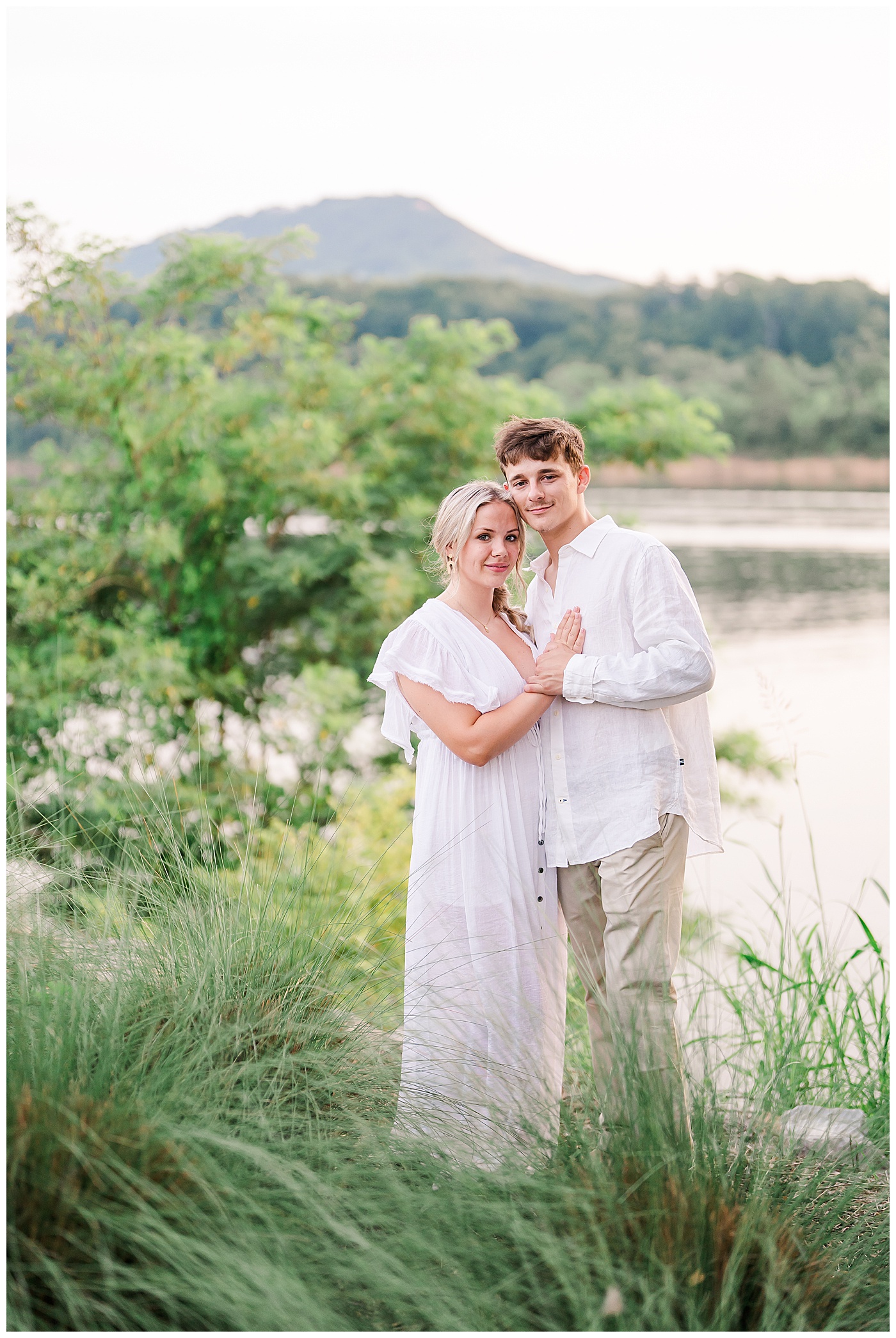 TN River Engagement Couple Embracing 
