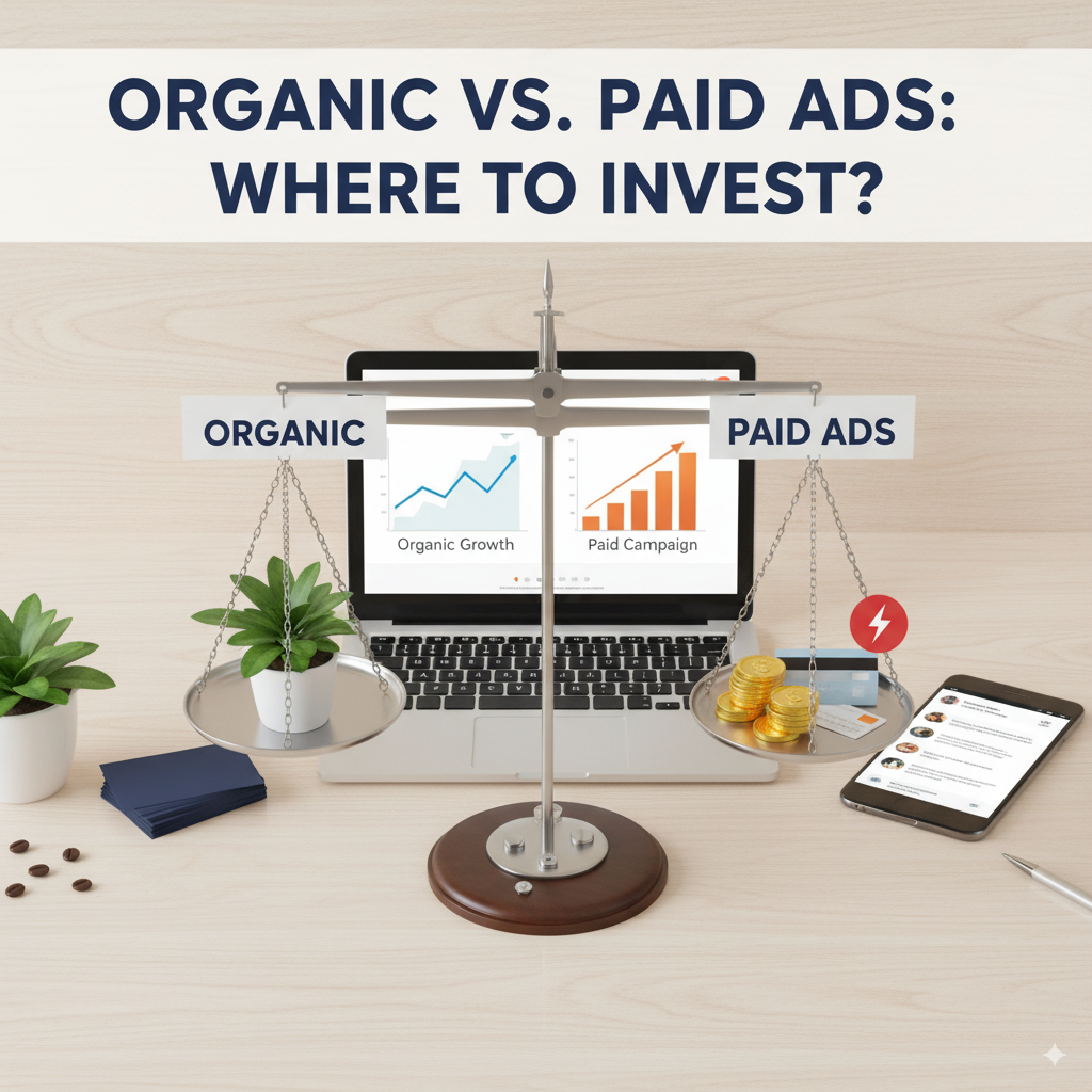 Chattanooga marketing agency graphic showing social media vs paid ads comparison for small businesses.
